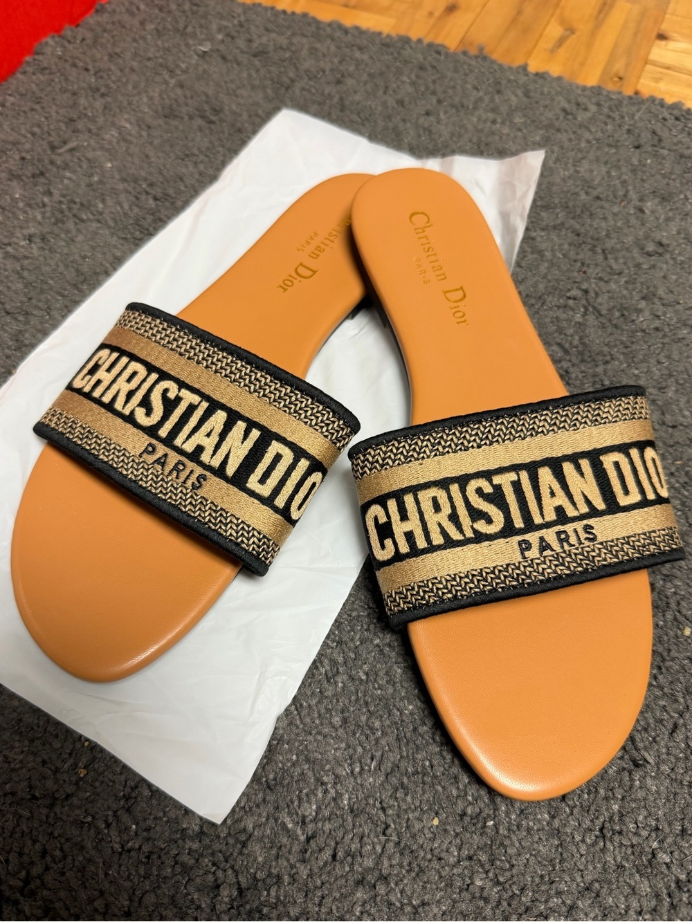 D-C Slide Sandals tan with Black and Beige Logo Strap